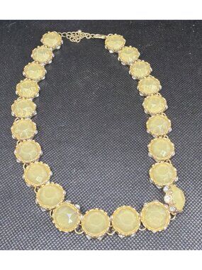 Brushed Gold Tone Round Faceted Yellow Acrylic Stone Rhinestone Necklace 19.5"